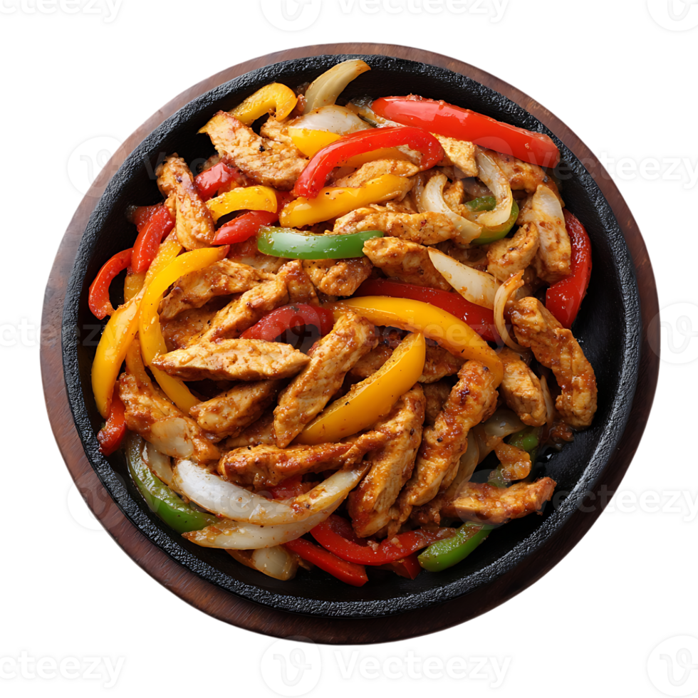 Sizzling chicken fajitas with bell peppers and onions in a hot skillet png