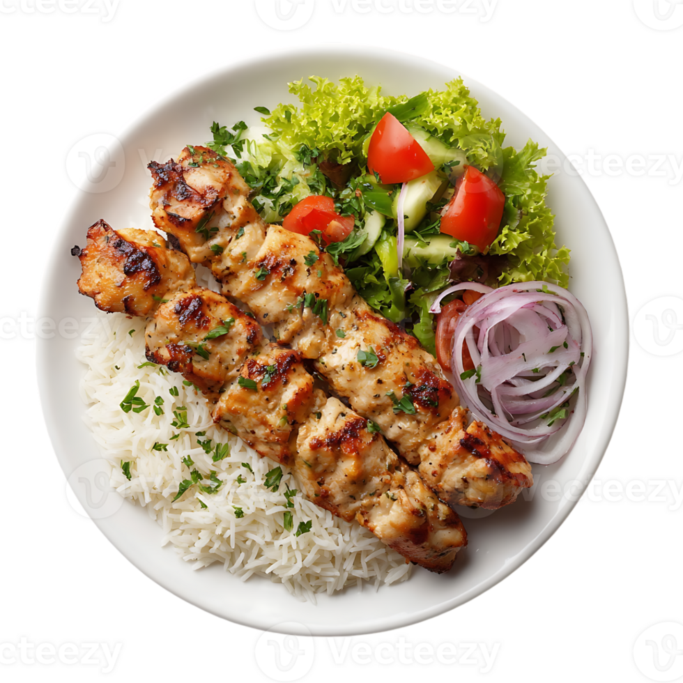 Grilled chicken skewers rice and fresh salad a delicious meal png