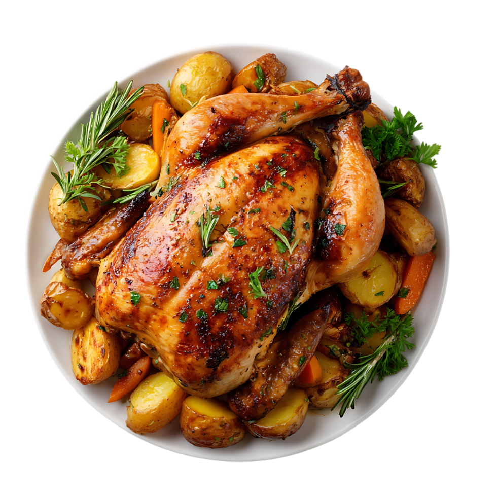 Roasted chicken dinner potatoes carrots rosemary parsley herbs png