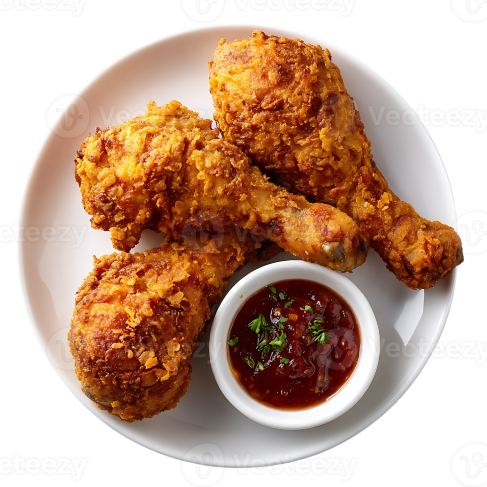 Crispy fried chicken drumsticks and dipping sauce on a plate png