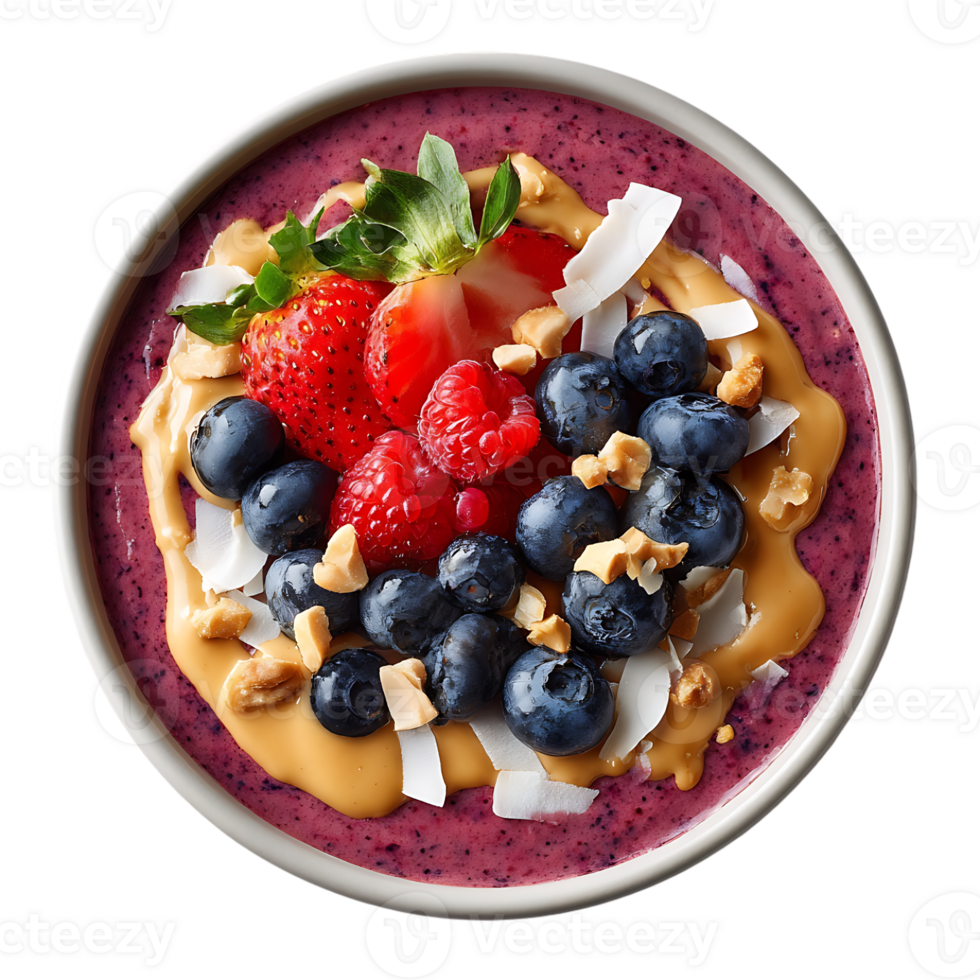 Delicious berry smoothie bowl with nuts and coconut png