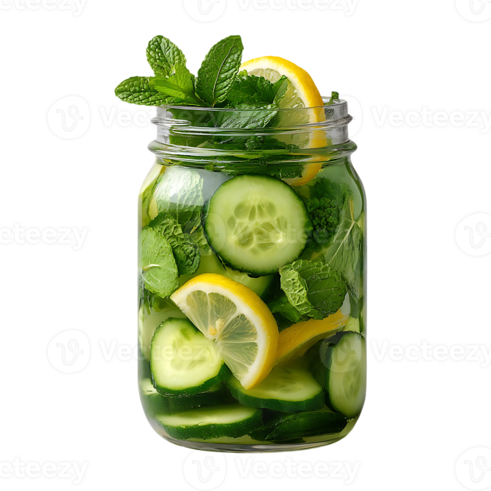 Refreshing cucumber lemon mint infused water in a jar png