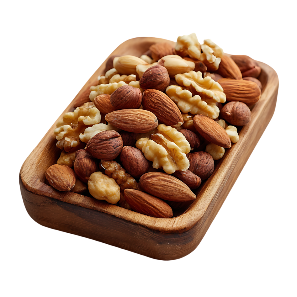 A wooden bowl filled with a mix of almonds walnuts and hazelnuts healthy snack food png