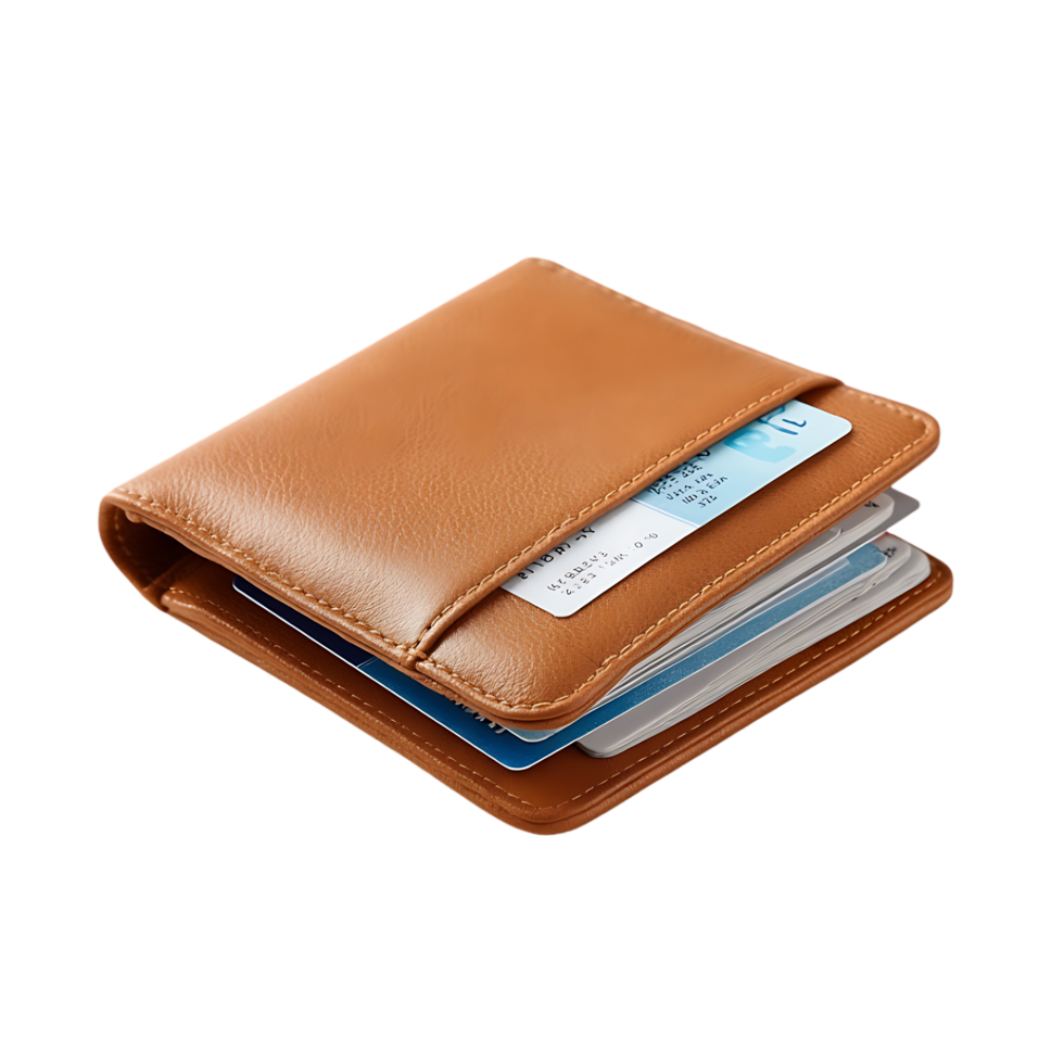 Tan leather wallet with cards and cash inside png