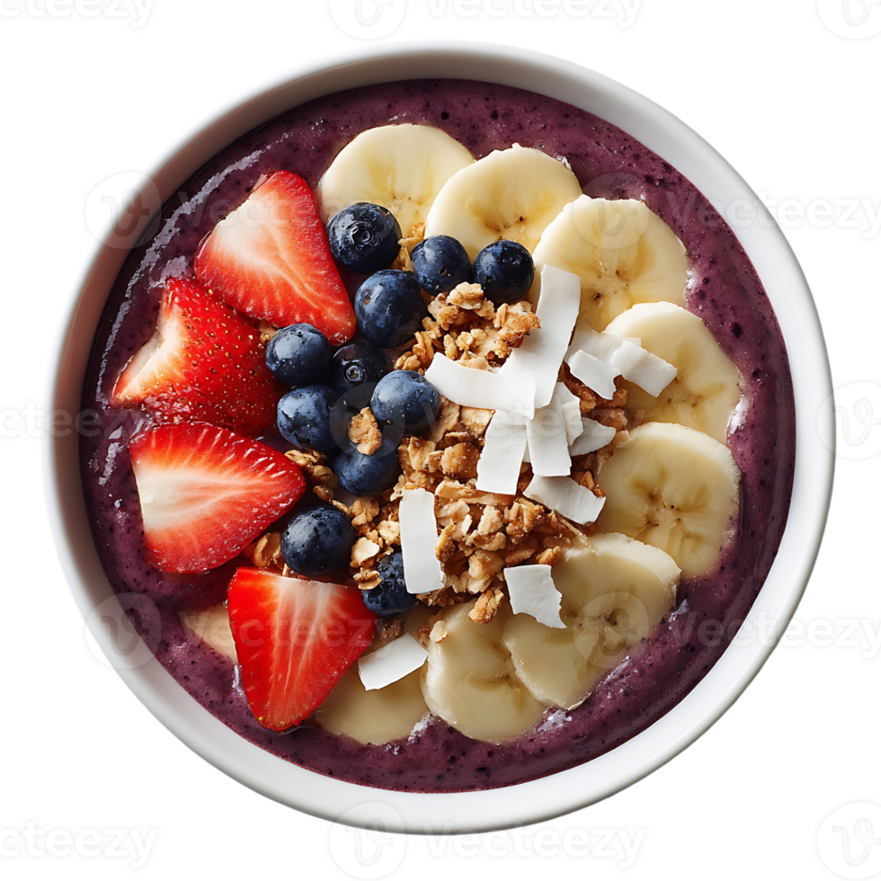 Delicious acai bowl with strawberries bananas blueberries and granola png