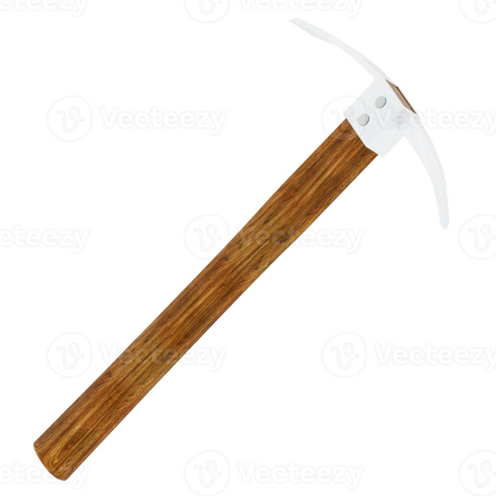3d render metal pickaxe wooden handle mining tool with transparent background png
