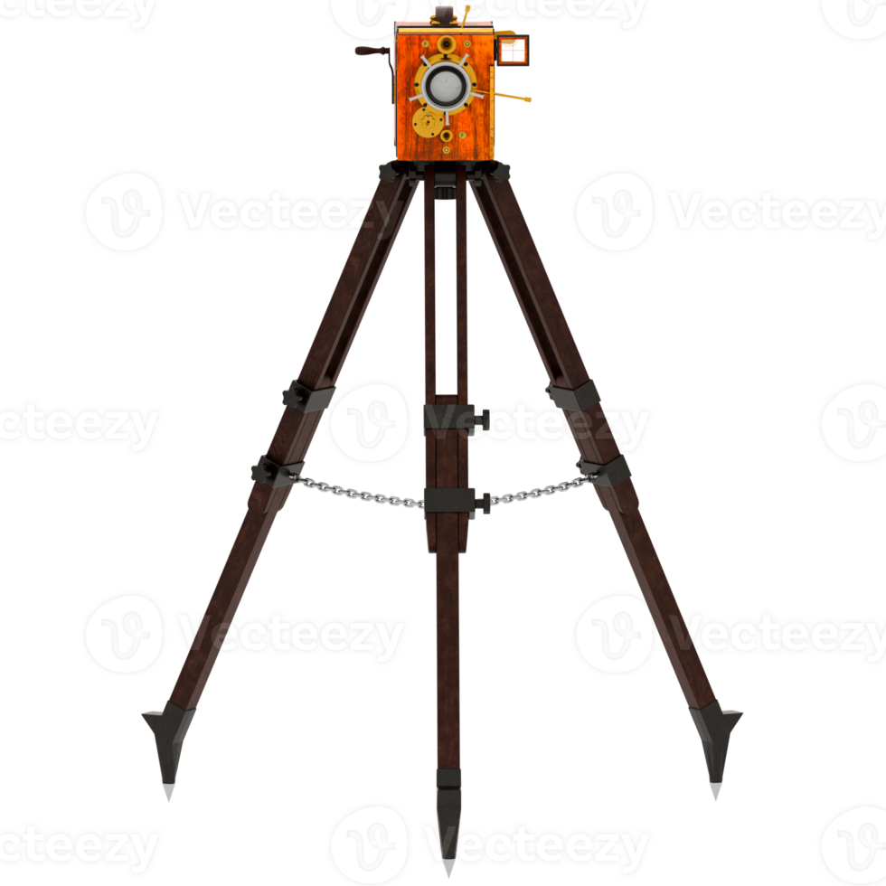 Render antique box camera on tripod with transparent background png
