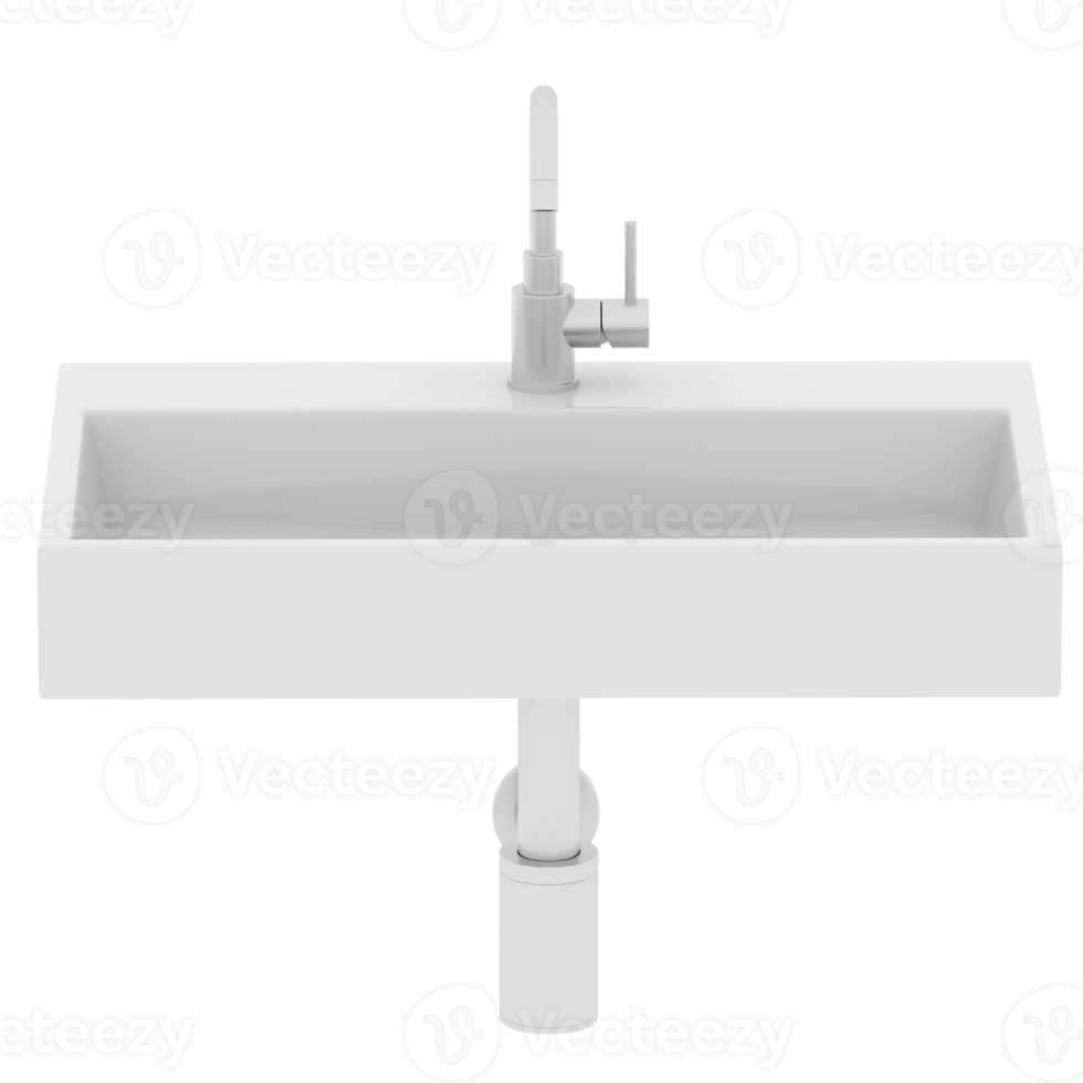 Render modern rectangular bathroom sink faucet with transparent background png