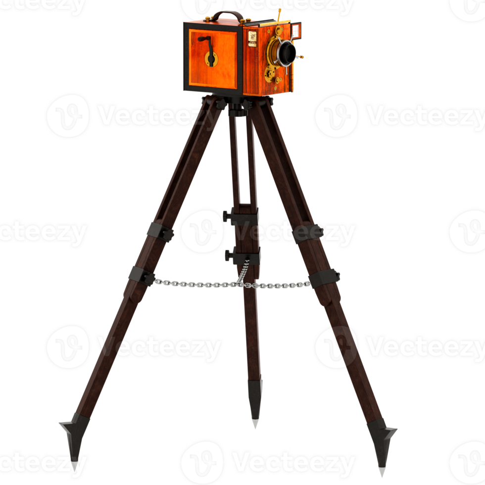 3d render antique box camera on tripod with transparent background png