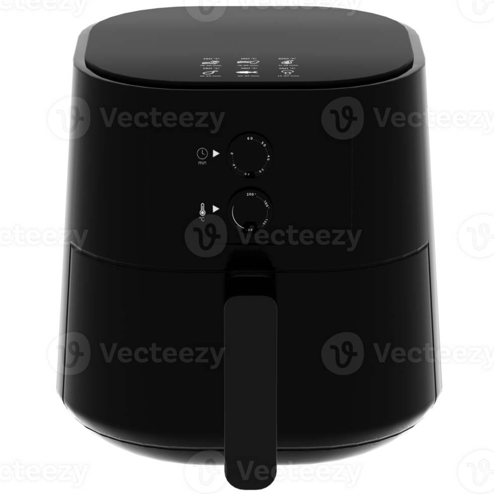 Render black air fryer kitchen appliance with transparent background png