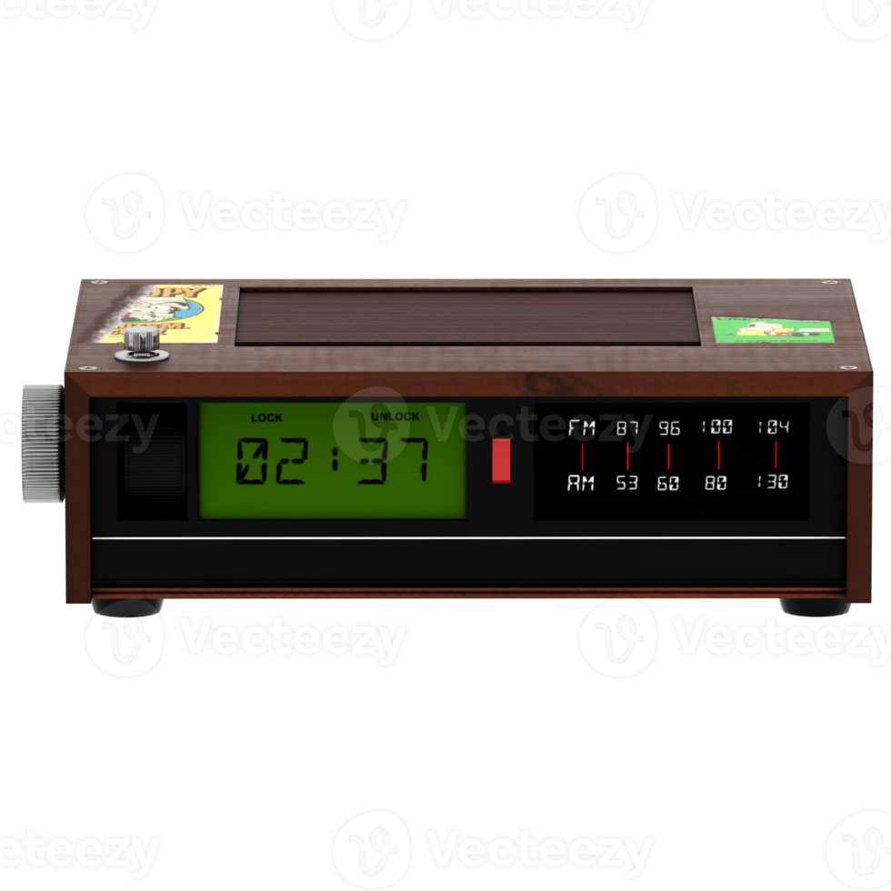3d render digital radio clock wood retro alarm display with transparent background png