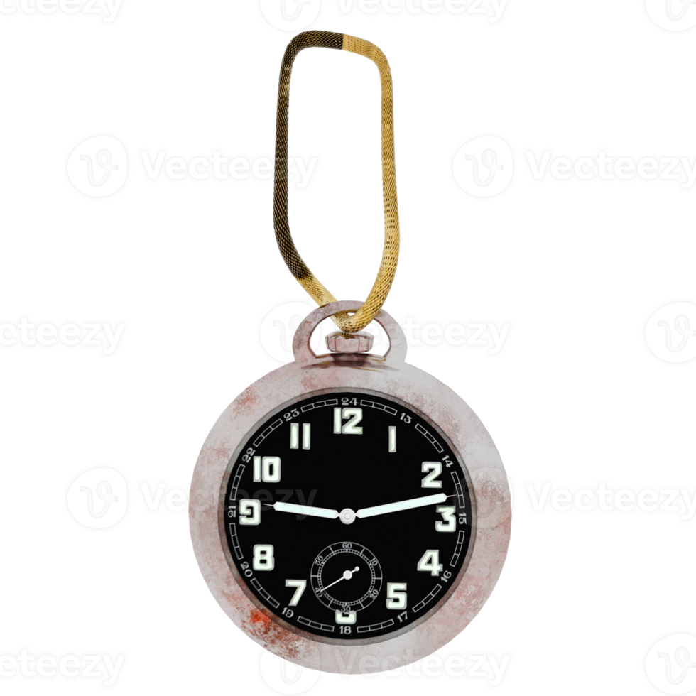 3d render pocket watch vintage metal chain timepiece with transparent background png