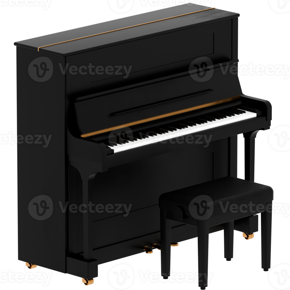 Render black upright piano musical instrument with transparent background png