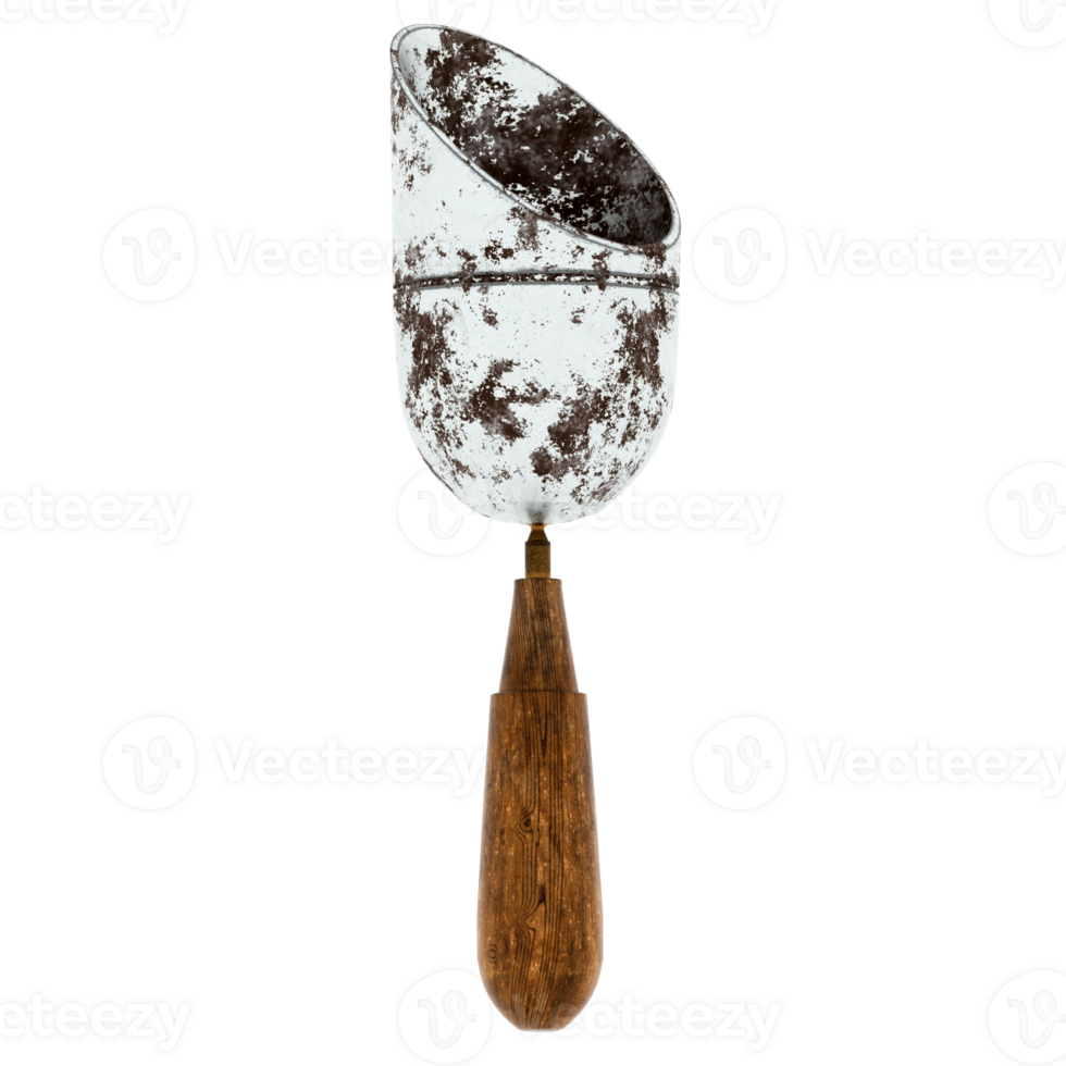 Render rusty scoop with wood handle with transparent background png