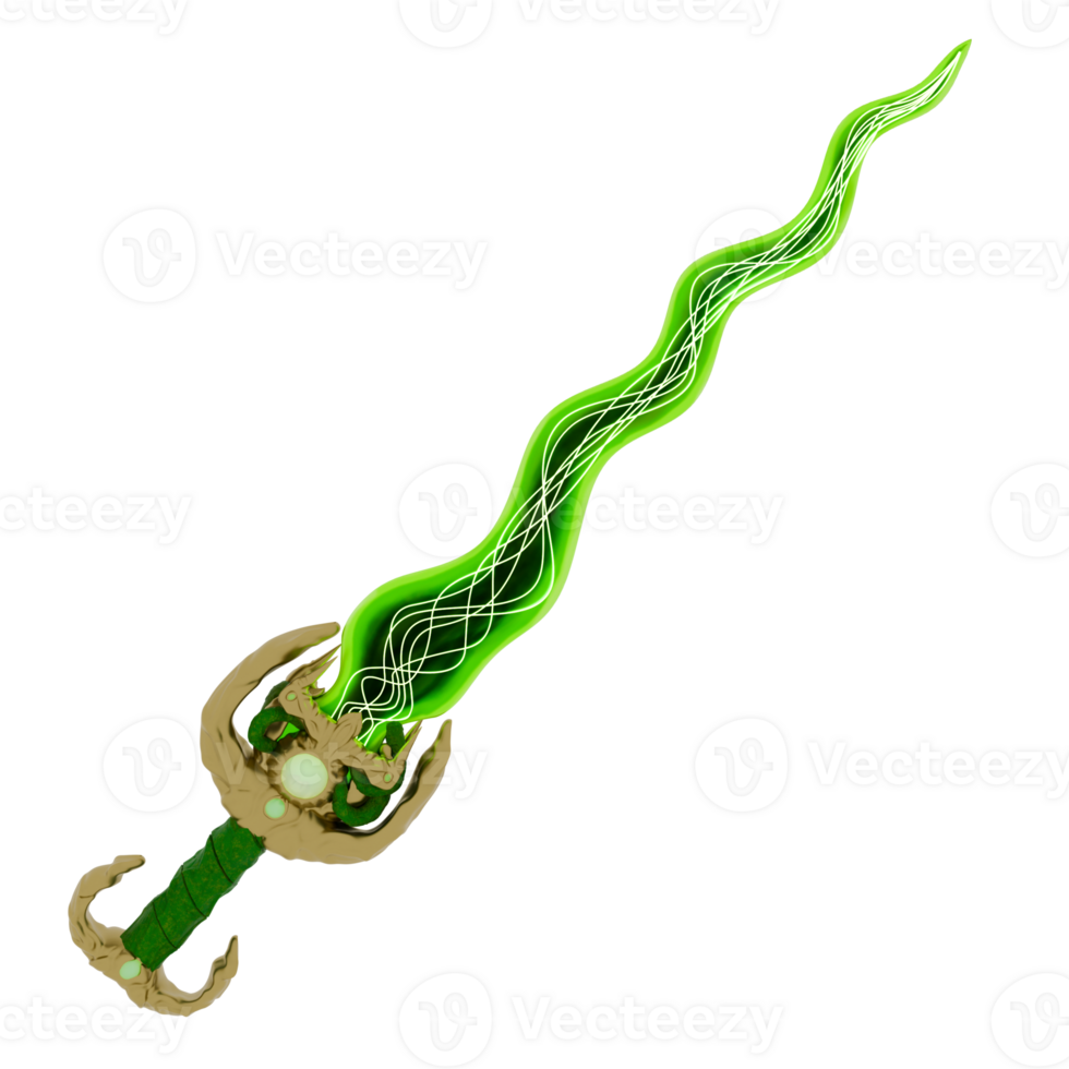 3d render magic sword green glowing blade with transparent background png