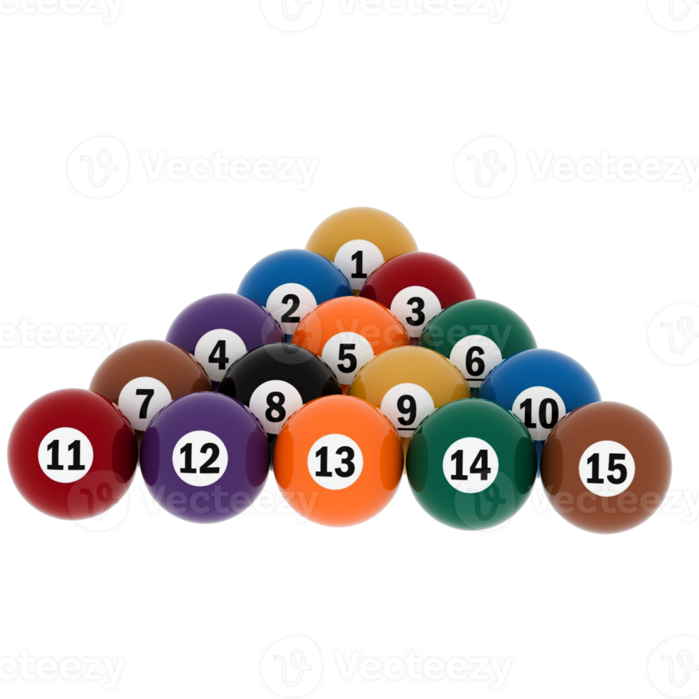 Render billiard balls triangle rack colorful numbered with transparent background png