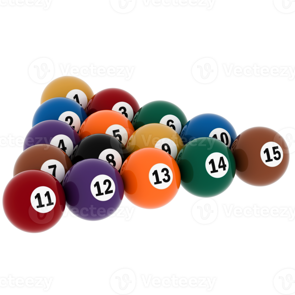 3d render billiard balls triangle rack colorful numbered with transparent background png