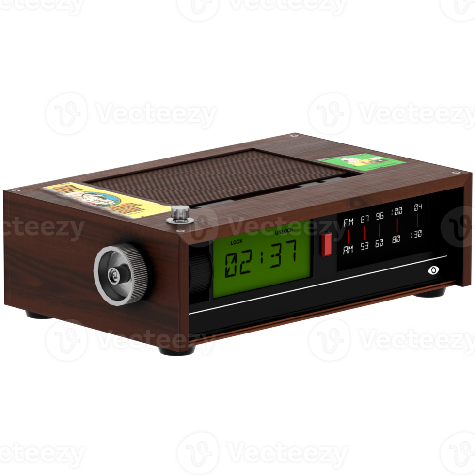 Render digital radio clock wood retro alarm display with transparent background png