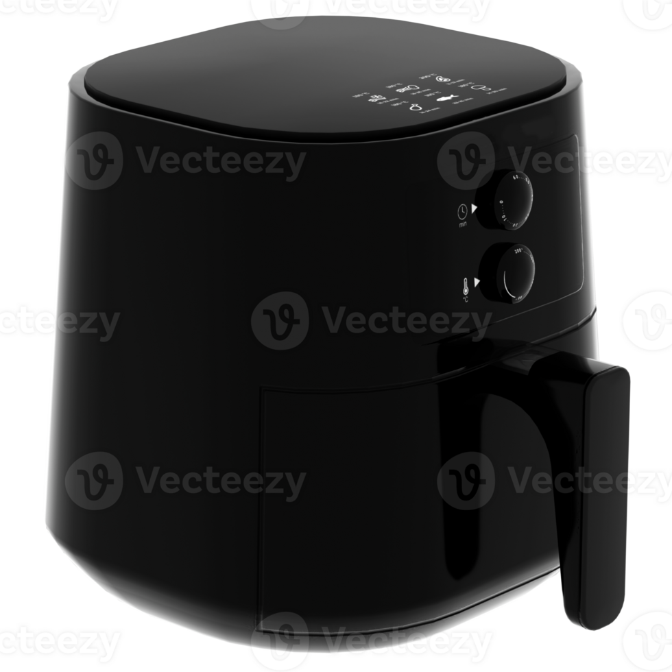 3d render black air fryer kitchen appliance with transparent background png