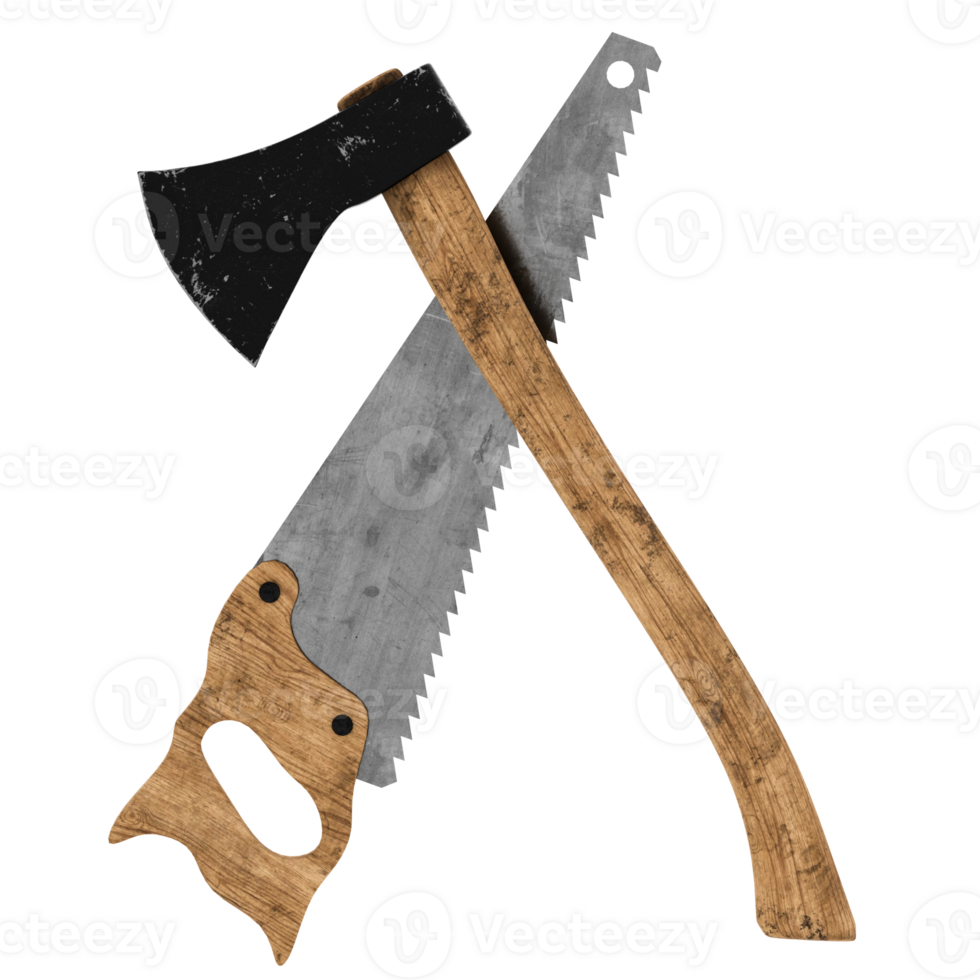 Render axe and hand saw crossed with transparent background png