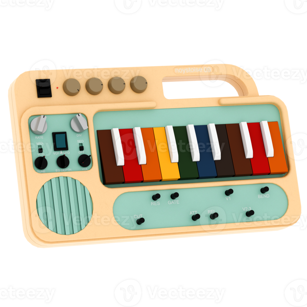Render synthesizer keyboard toy music instrument retro colorful design with transparent background png