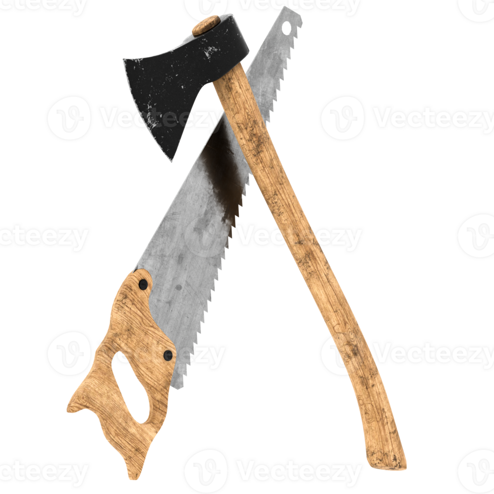 3d render axe and hand saw crossed with transparent background png