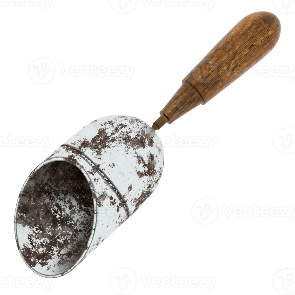 3d render rusty scoop with wood handle with transparent background png