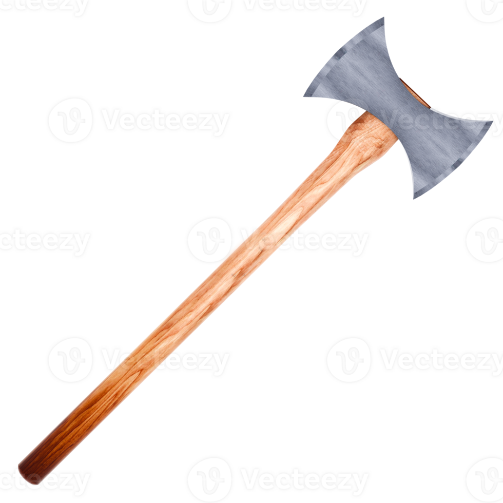 Render double bladed axe wood handle sharp with transparent background png