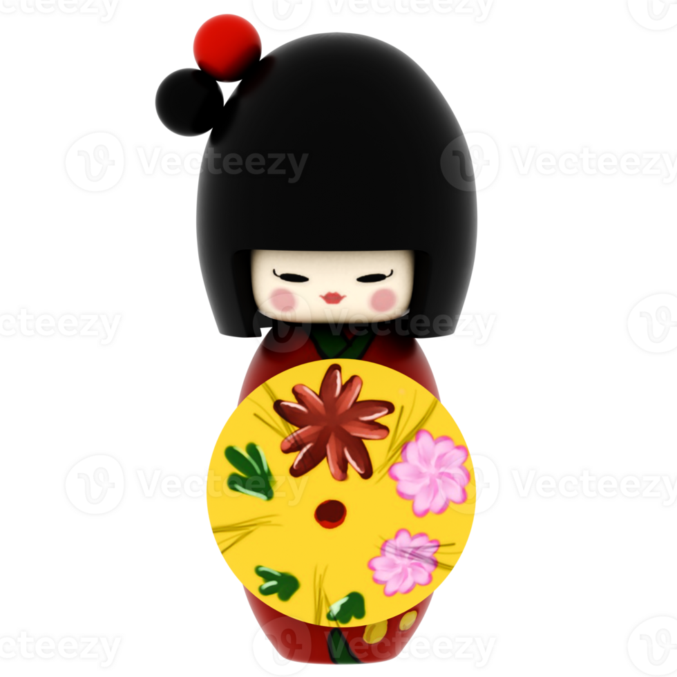 3d render kokeshi doll japanese black red floral with transparent background png