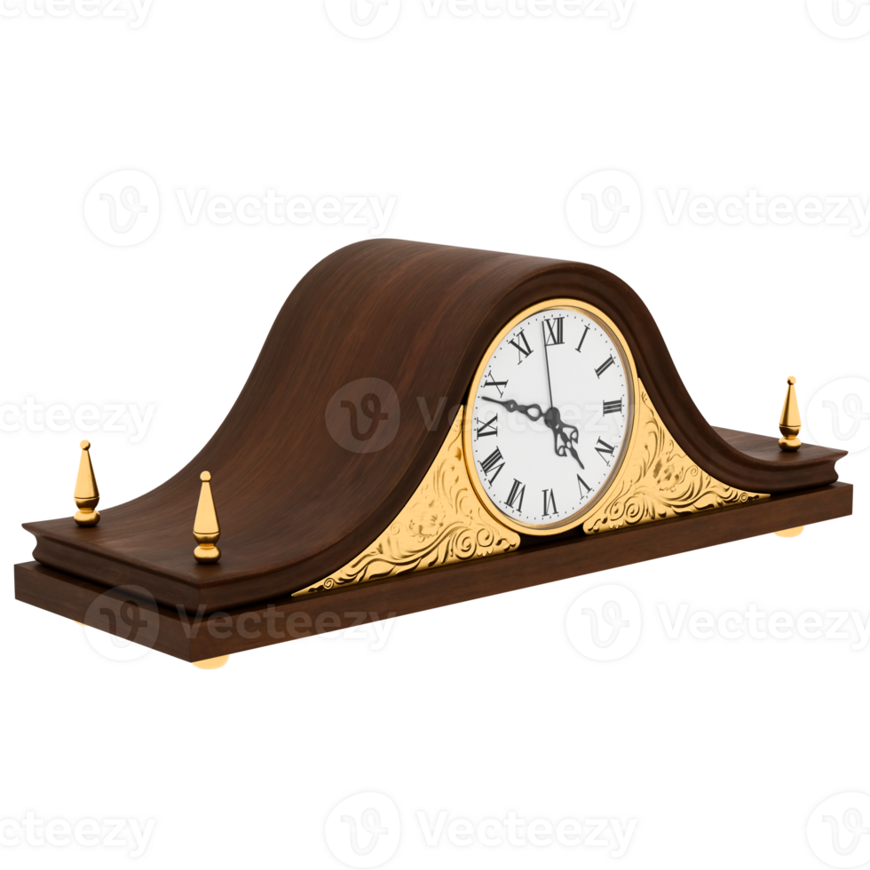 3d render antique mantel clock wood gold with transparent background png