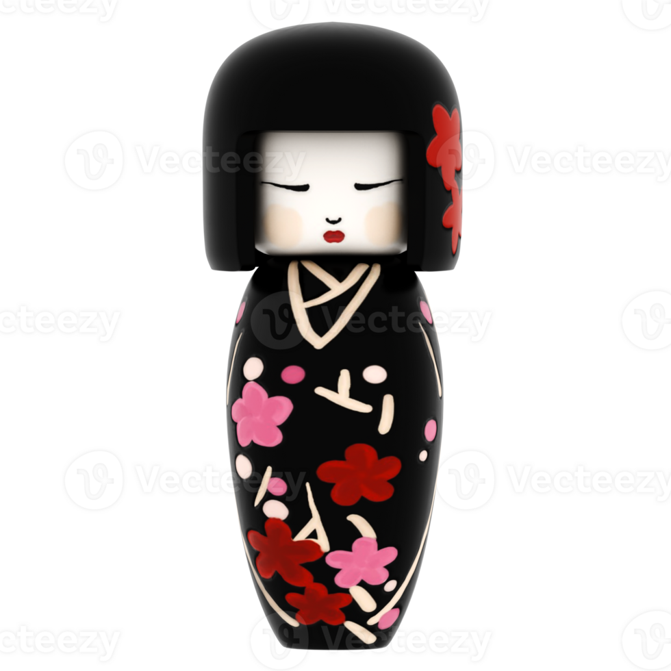 3d render japanese kokeshi doll black kimono floral with transparent background png