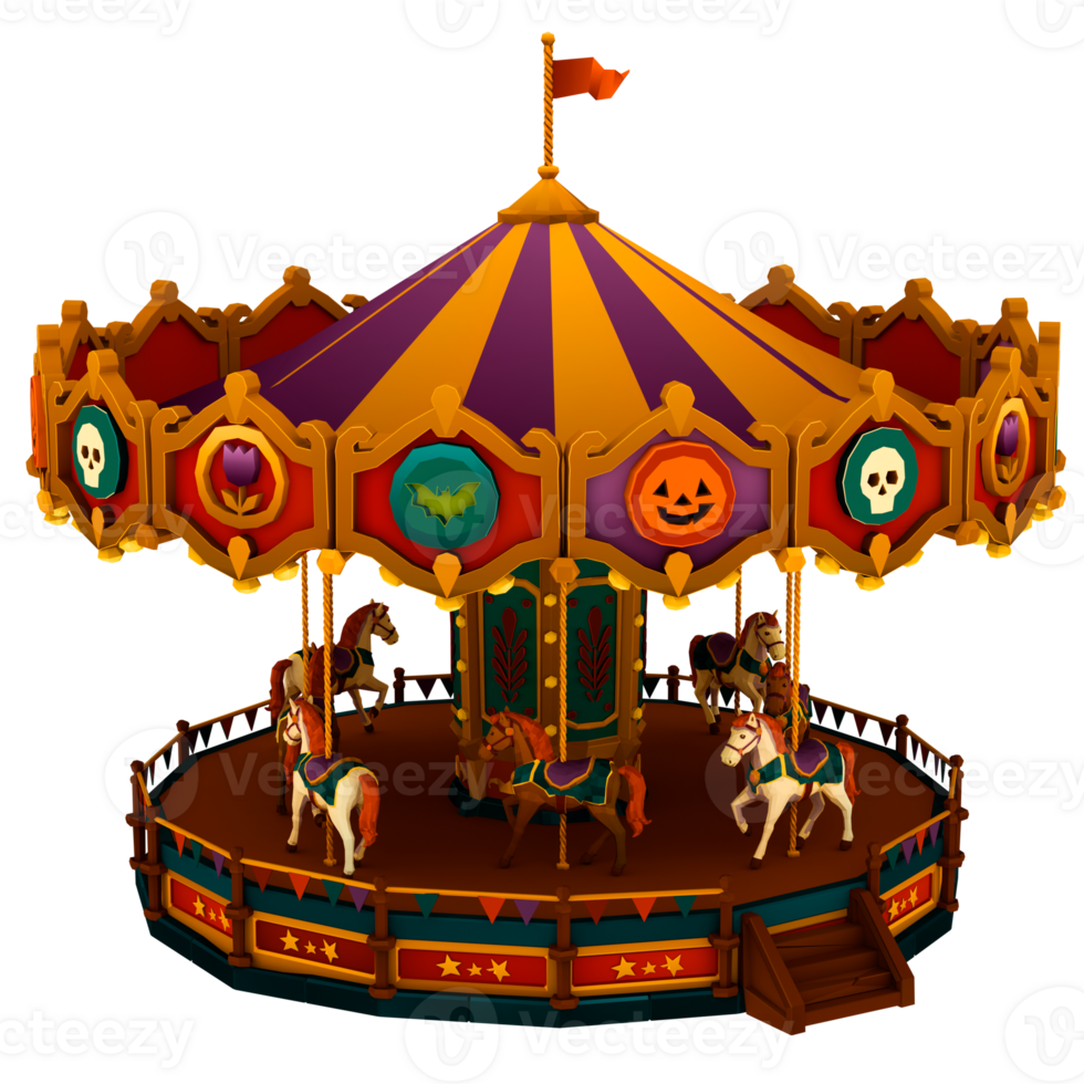 3d render halloween carousel horses amusement with transparent background png
