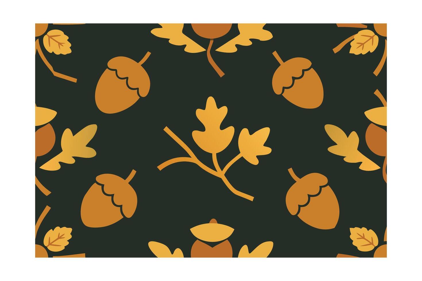 Seamless pattern acorns oak leaves in warm autumn colors on dark green leaf fall vector