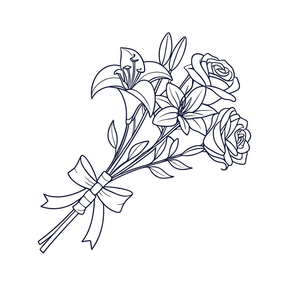 Line art bouquet lilies roses tied with a ribbon flower floral vector