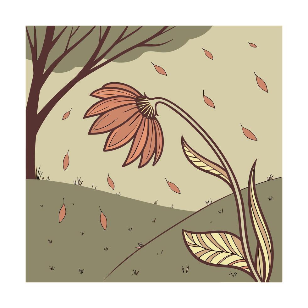 Stylized a drooping orange flower with falling leaves a tree autumn nature vector