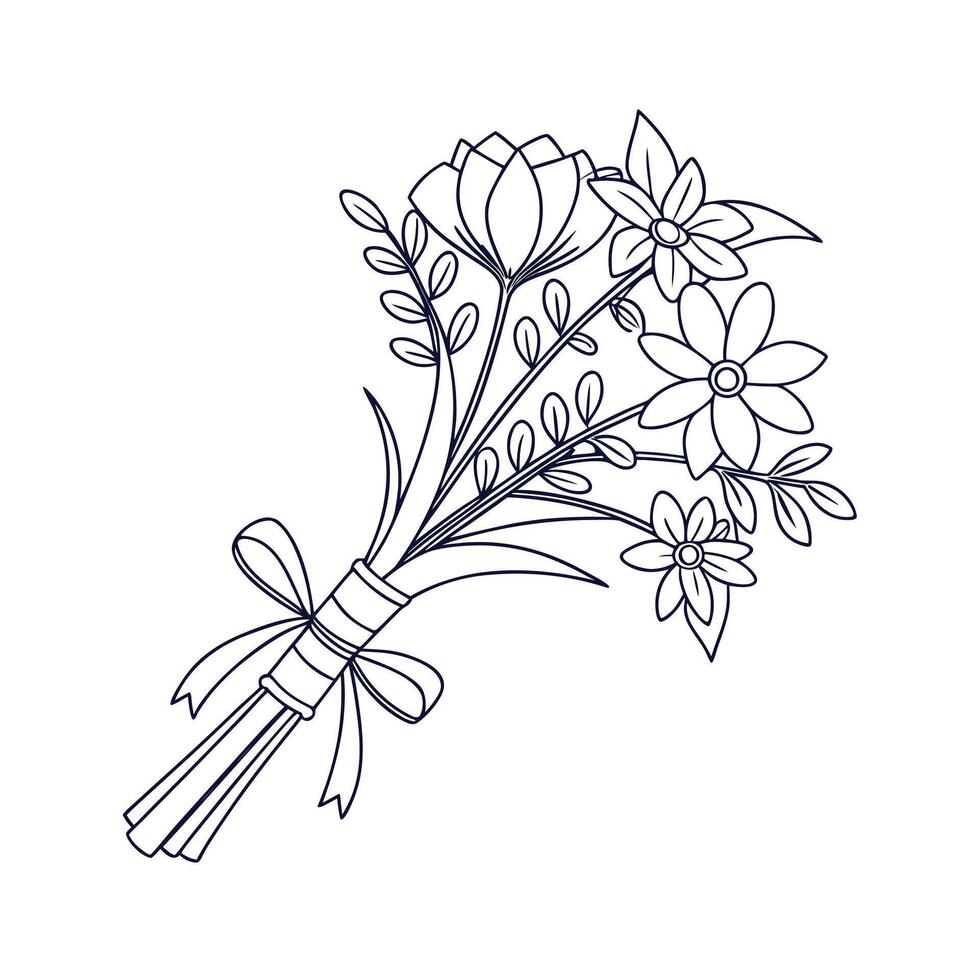 Dark blue line art bouquet flowers with ribbon leaves floral bloom vector