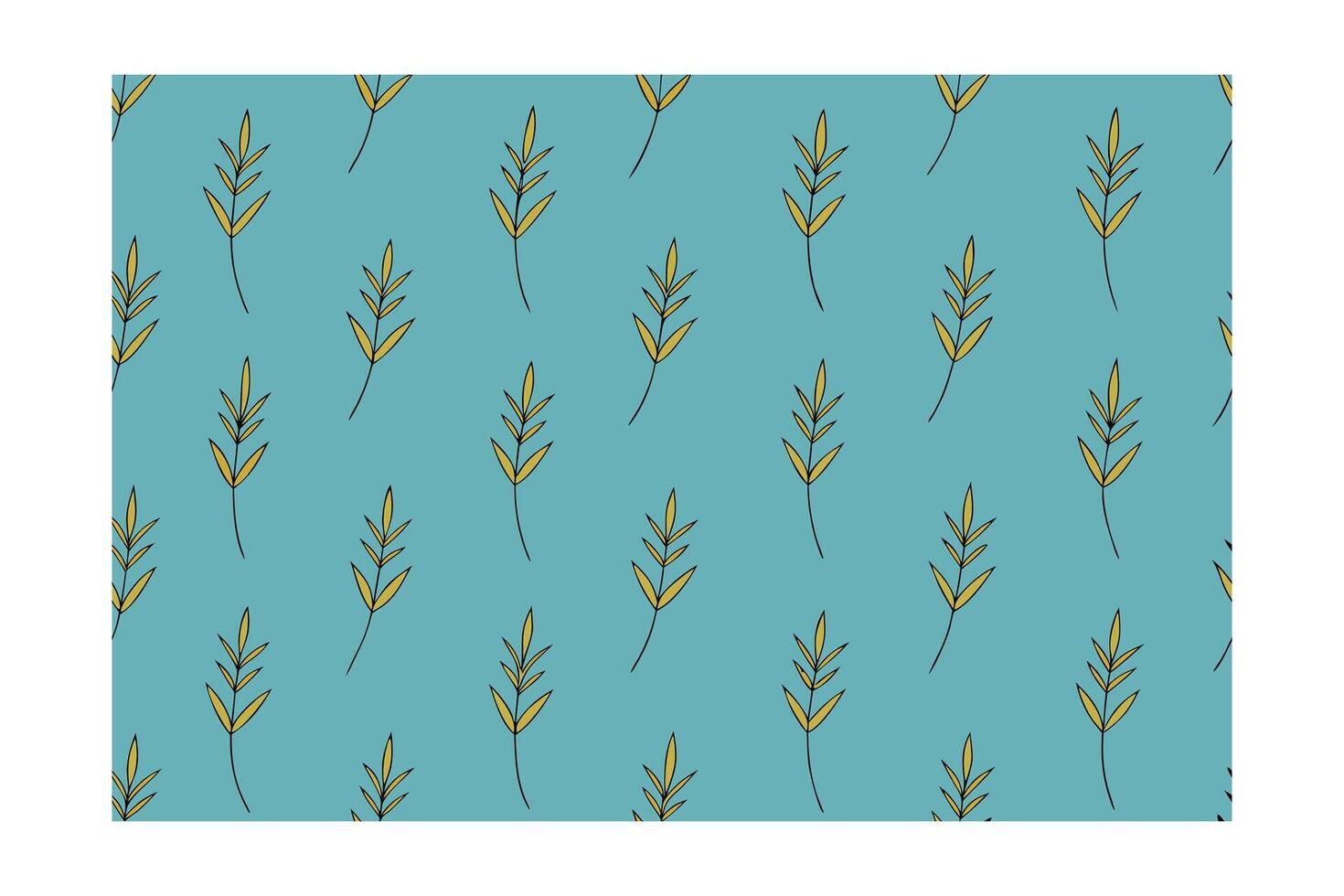 Repeating pattern yellow leaves on a teal with outlines leaf botanical vector