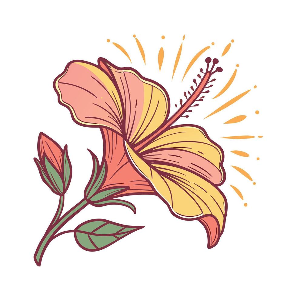 Pink yellow hibiscus flower with green leaves orange accents botanical nature vector