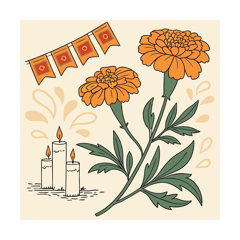 Orange marigold flowers with candles decorative flags yellow vector