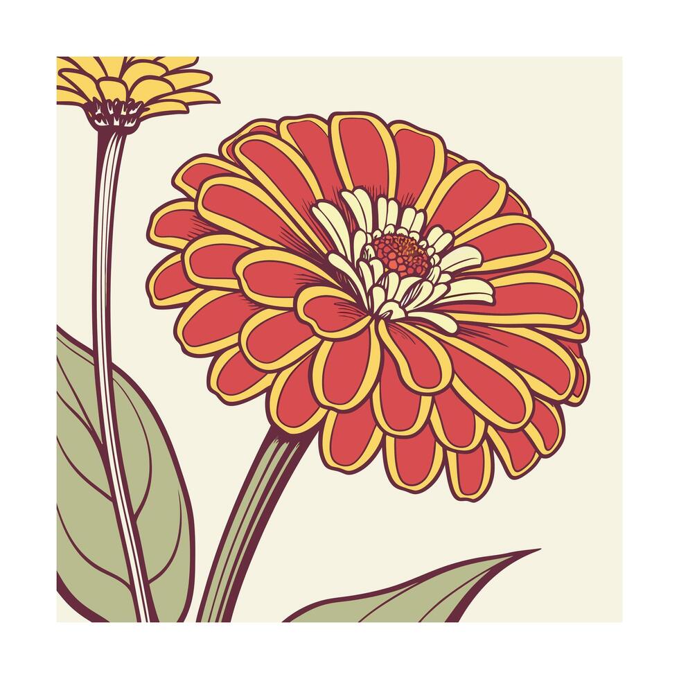 Red yellow flower with green leaves on a cream vector