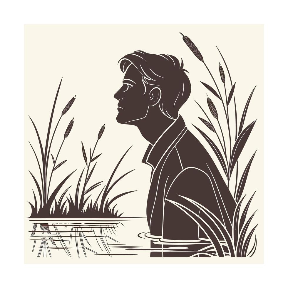 Man in profile surrounded by reeds water in a minimalist style silhouette cattails vector