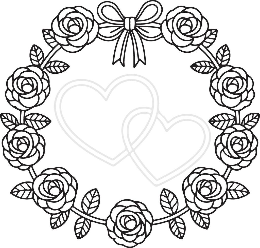 Black and white floral wreath with roses leaves and a bow illustration vector