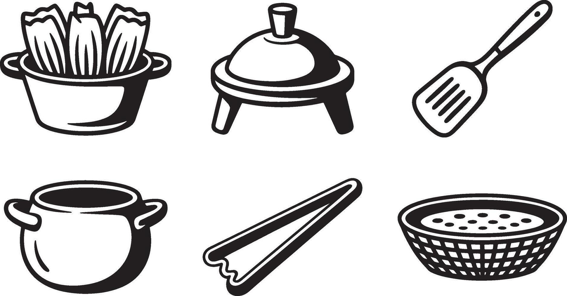 Black and white illustration of cooking utensils and food items vector