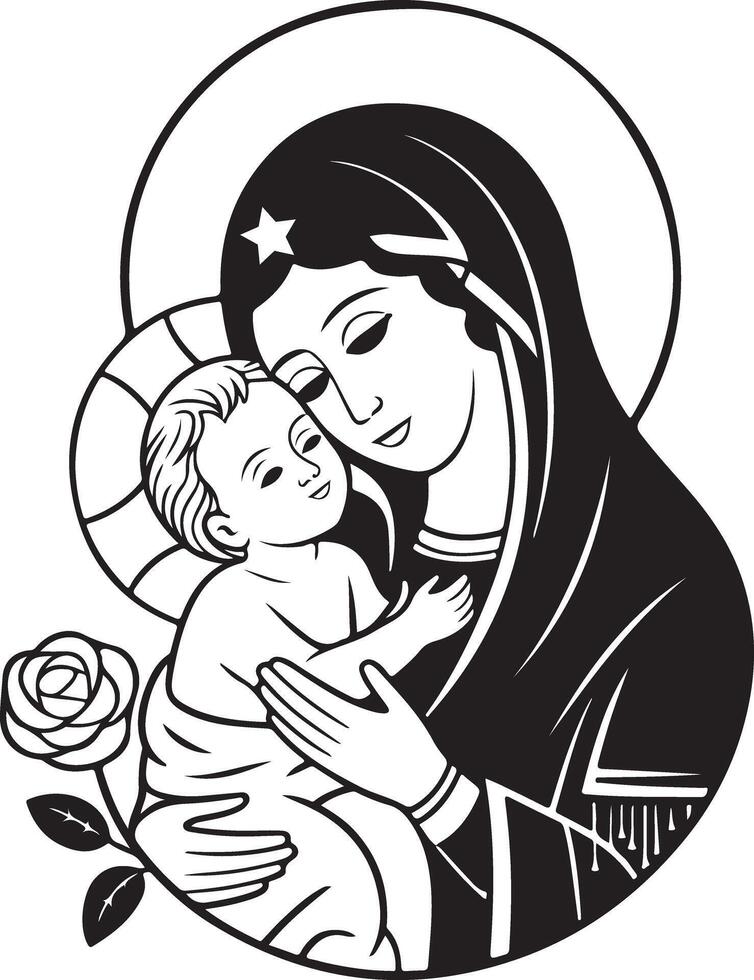 Black and Illustration of Mother Mary Holding Baby Jesus vector