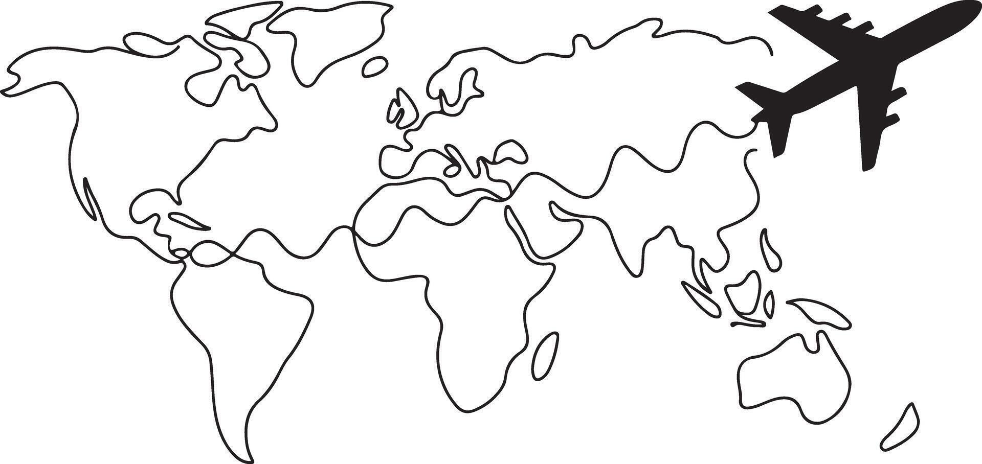 Black airplane silhouette flying over a simple black and white world map illustration vector