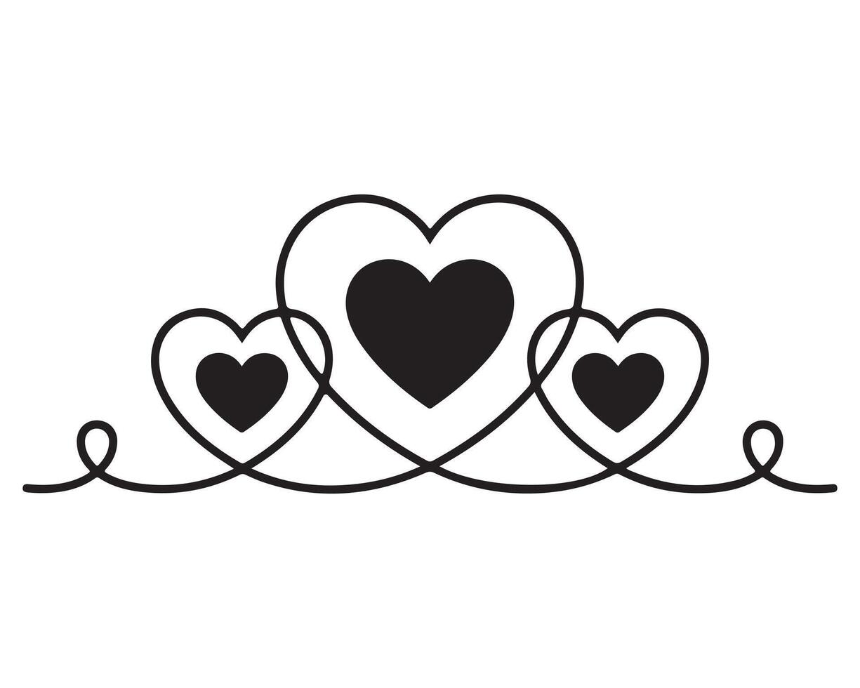 Black heart illustration with three hearts and decorative swirls vector