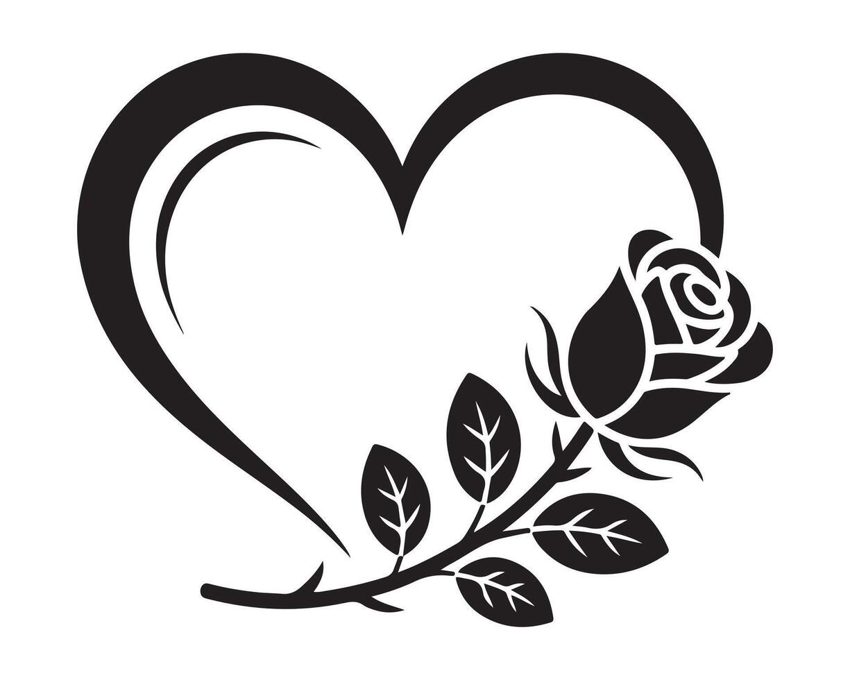 Black heart shape with rose and leaves illustration vector