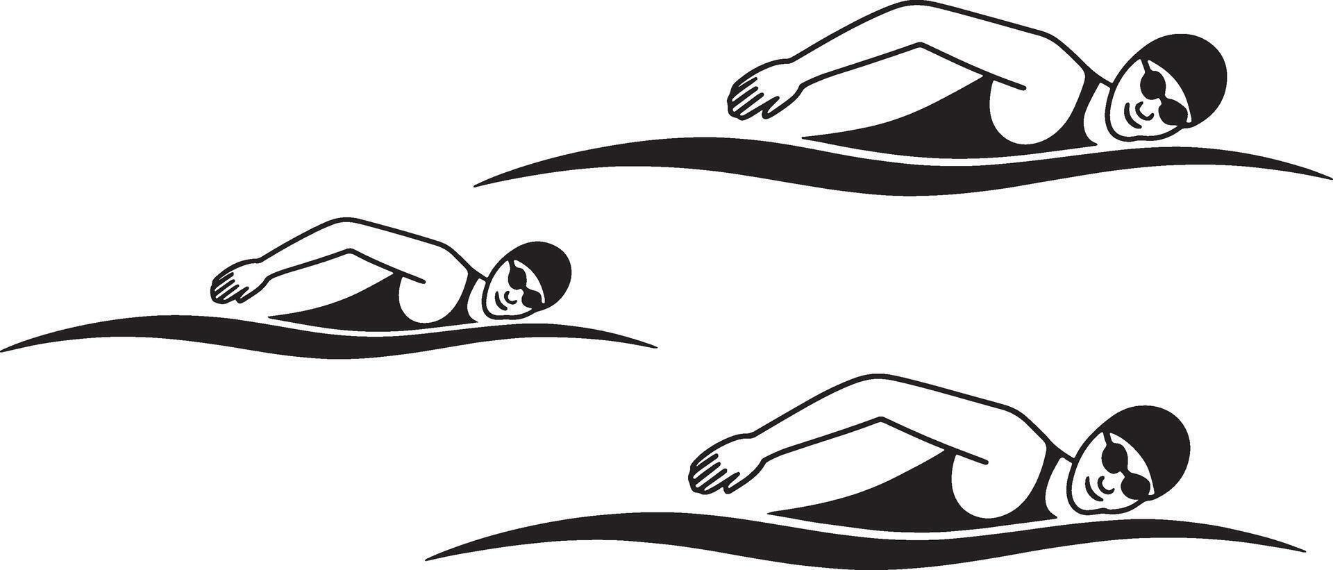 Black and white illustration of swimmers in the water with goggles and swim caps vector