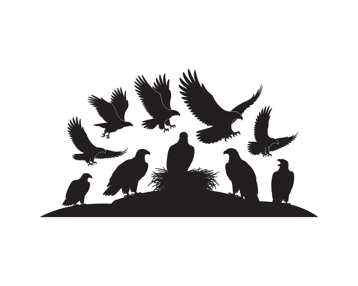Black Eagle Silhouettes with Nest and Soaring Birds on White Background vector