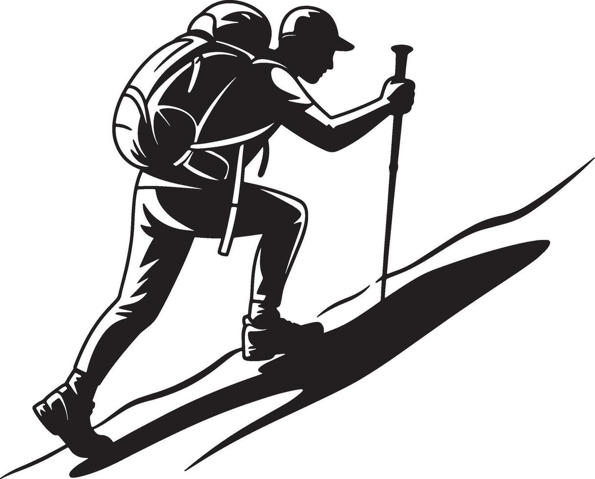 Black and white hiker silhouette climbing a mountain with backpack and trekking pole vector